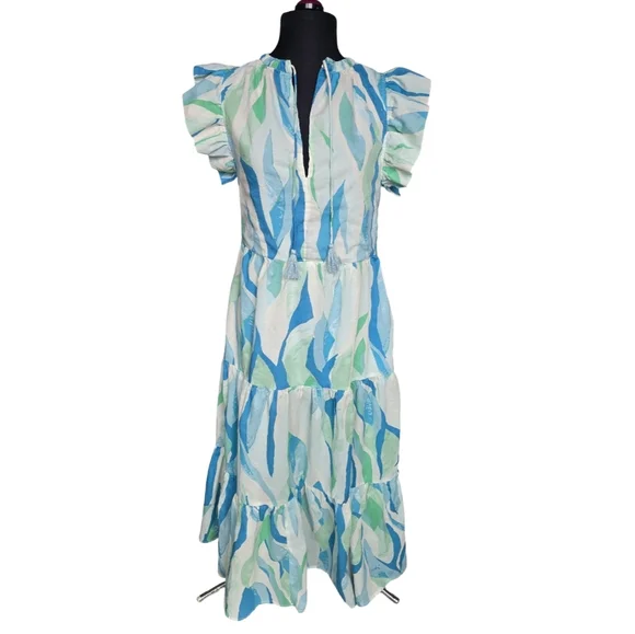 Blue & Green Flutter Sleeve Maxi Dress 100% Cotton Size S Coastal Cottagecore - Picture 2 of 11